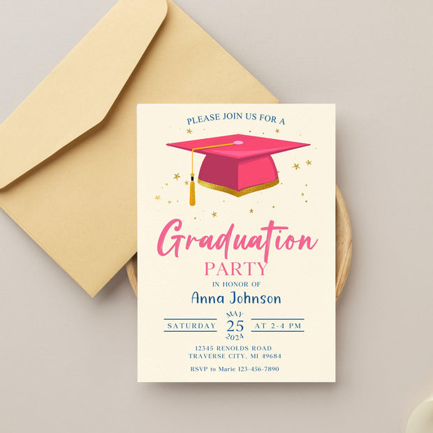 Graduation Party Invitation, Class of 2025 Invite, Blue Graduation Announcement, Self-Editable Digital Download, Printable Grad Card