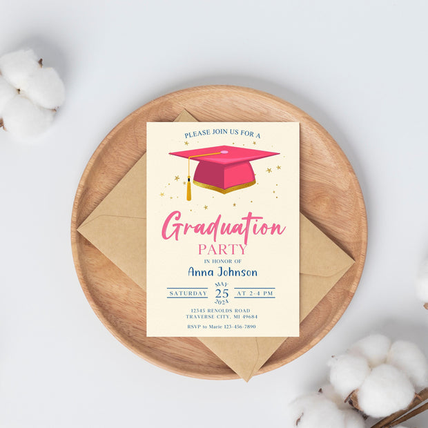 Graduation Party Invitation, Class of 2025 Invite, Blue Graduation Announcement, Self-Editable Digital Download, Printable Grad Card
