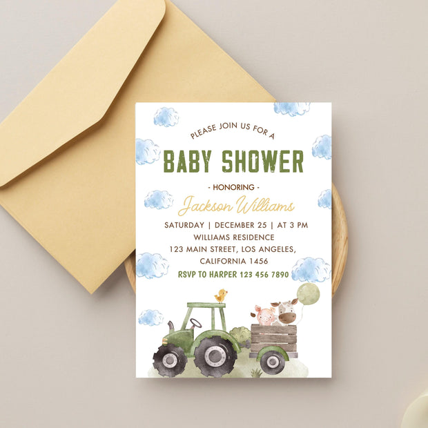 Farm Baby Shower Invitation Template, Green Tractor Baby Shower Invite, Farm Animals Baby Shower Invitation, Instant Download, B-723