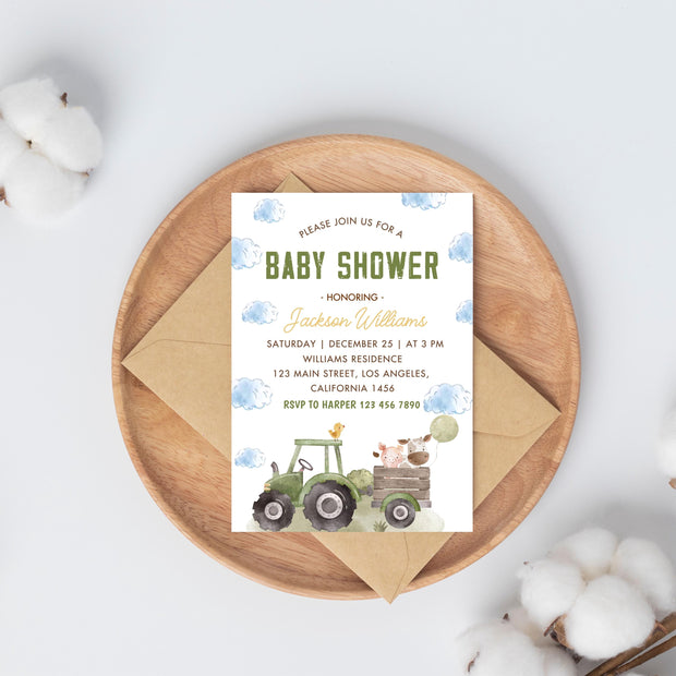 Farm Baby Shower Invitation Template, Green Tractor Baby Shower Invite, Farm Animals Baby Shower Invitation, Instant Download, B-723