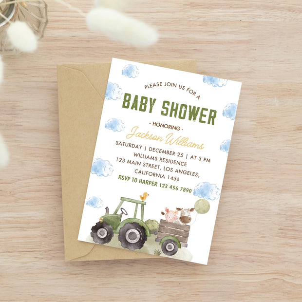 Farm Baby Shower Invitation Template, Green Tractor Baby Shower Invite, Farm Animals Baby Shower Invitation, Instant Download, B-723