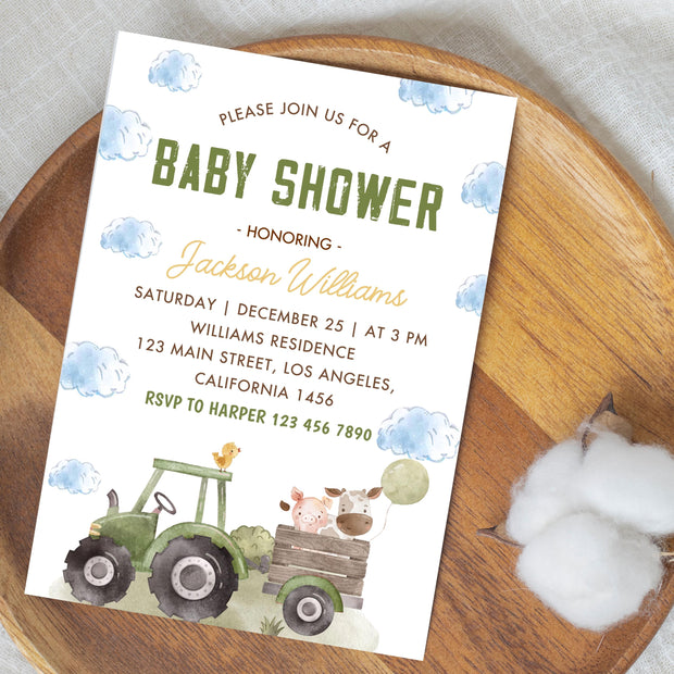 Farm Baby Shower Invitation Template, Green Tractor Baby Shower Invite, Farm Animals Baby Shower Invitation, Instant Download, B-723