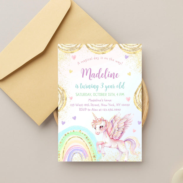 Unicorn Birthday Invitation, Pastel Unicorn, Rainbow Unicorn Sparkles and Gold Invitation, 1st Birthday Girl, Pastel Invite Printable, BD53