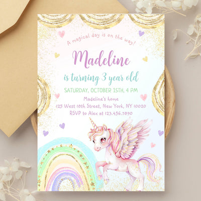 Unicorn Birthday Invitation, Pastel Unicorn, Rainbow Unicorn Sparkles and Gold Invitation, 1st Birthday Girl, Pastel Invite Printable, BD53