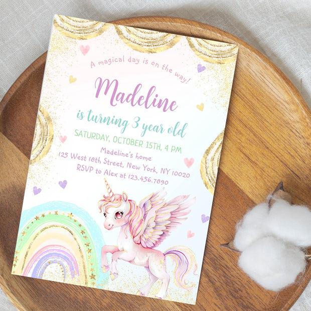 Unicorn Birthday Invitation, Pastel Unicorn, Rainbow Unicorn Sparkles and Gold Invitation, 1st Birthday Girl, Pastel Invite Printable, BD53