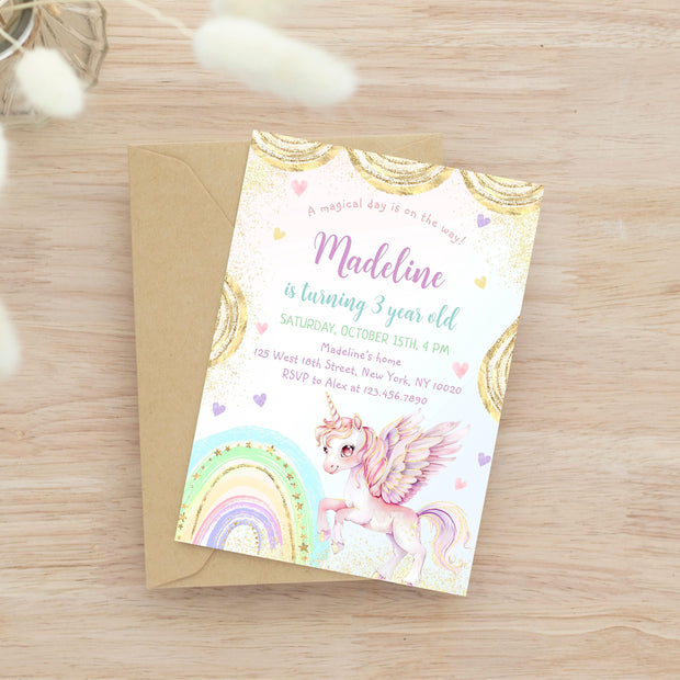 Unicorn Birthday Invitation, Pastel Unicorn, Rainbow Unicorn Sparkles and Gold Invitation, 1st Birthday Girl, Pastel Invite Printable, BD53