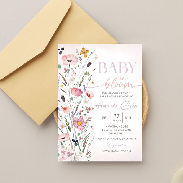 Vintage Floral baby shower invitation Girl Spring summer baby shower invite, Handwritten Hand drawn Baby in bloom invitation