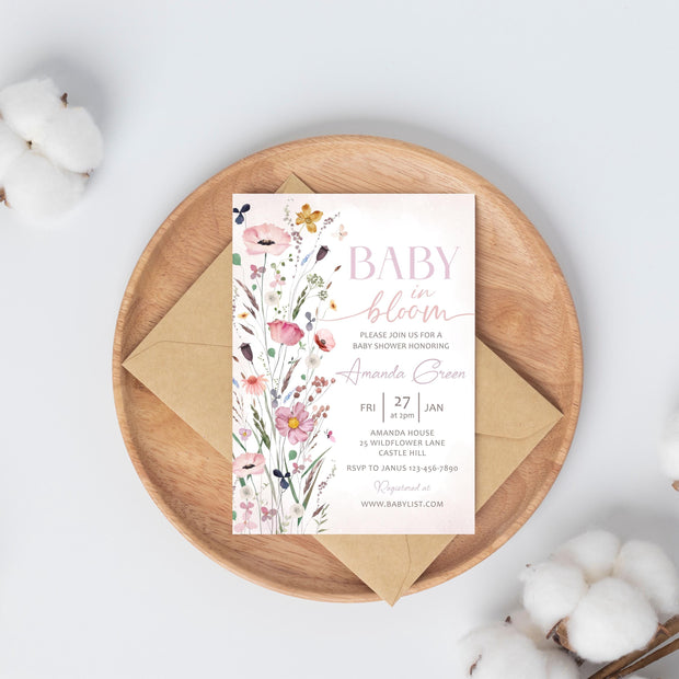 Vintage Floral baby shower invitation Girl Spring summer baby shower invite, Handwritten Hand drawn Baby in bloom invitation