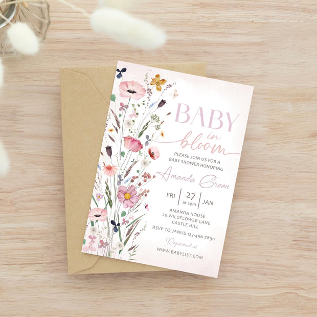 Vintage Floral baby shower invitation Girl Spring summer baby shower invite, Handwritten Hand drawn Baby in bloom invitation