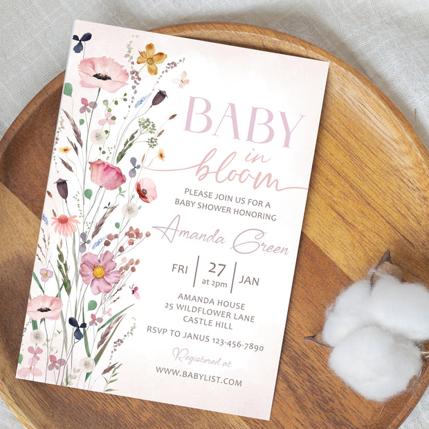 Vintage Floral baby shower invitation Girl Spring summer baby shower invite, Handwritten Hand drawn Baby in bloom invitation